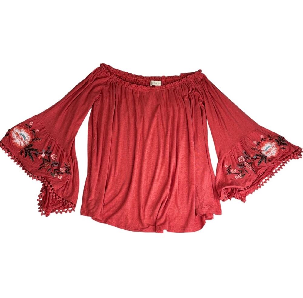 ALTAR’D STATE Women’s Coral Off-The-Shoulder Floral Bell-Sleeve Top Medium